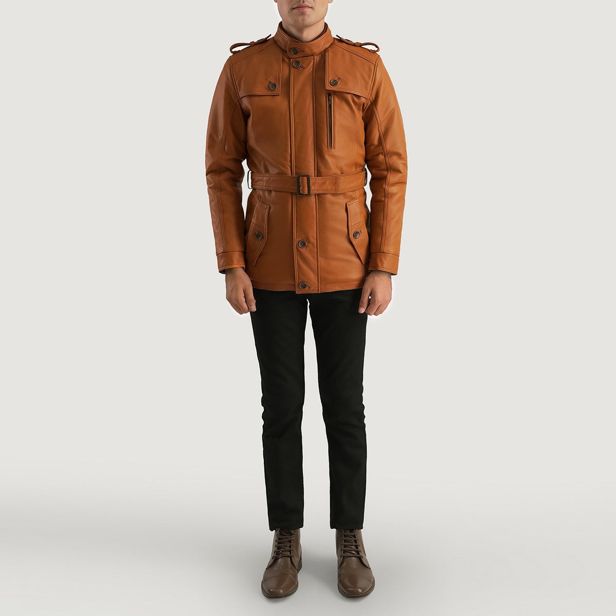 Hunter Tan Brown Fur Leather Jacket - Lateral Side Profile View Showing Sleeve Cut &amp; Athletic Taper Fit