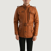 Close-Up Detail of Band (Buttoned) &amp; Zipper with Button Flap Hardware on Hunter Tan Brown Fur Leather Jacket