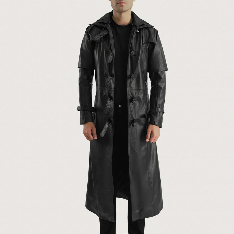 Huntsman Черный Hooded Кожаный тренчкот для Мужчин
