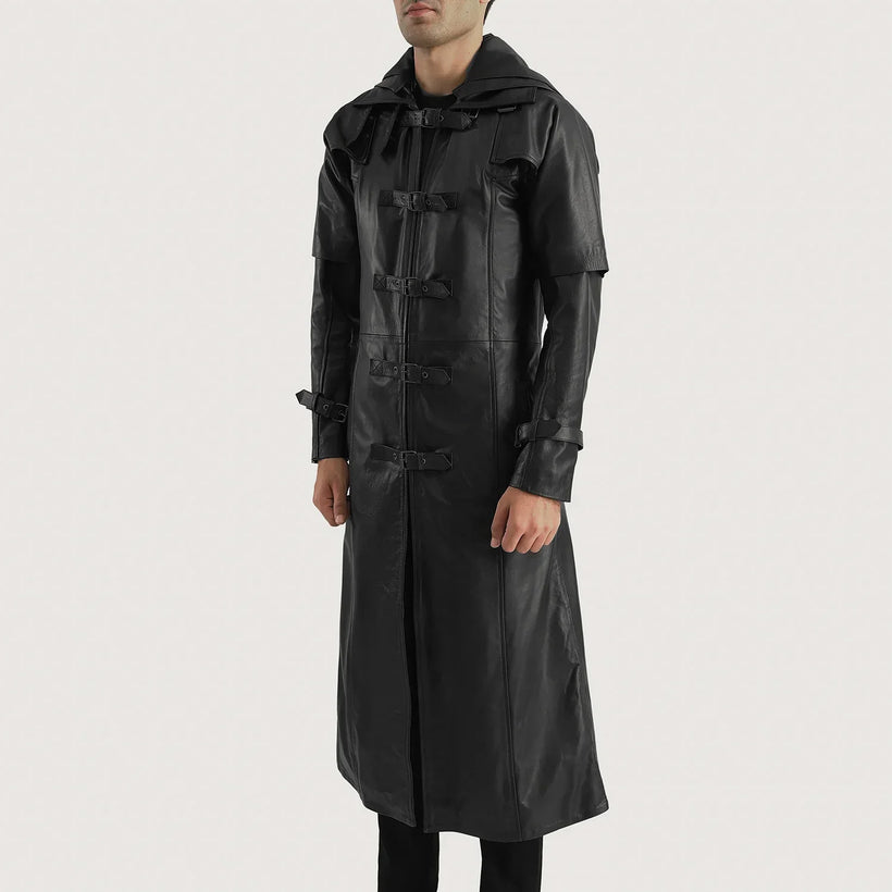 Huntsman Черный Hooded Кожаный тренчкот для Мужчин