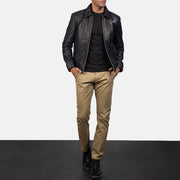 Close-Up Detail of Shirt &amp; Zipper Hardware on Men's Inferno Brown Leather Jacket