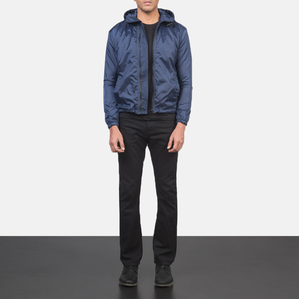 Men's Jimmy Blue Hooded Windbreaker Jacket - Lateral Side Profile View Showing Sleeve Cut &amp; Athletic Taper Fit