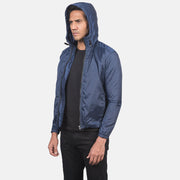 Close-Up Detail of High Neck with Hood &amp; Zipper with wind flap Hardware on Men's Jimmy Blue Hooded Windbreaker Jacket