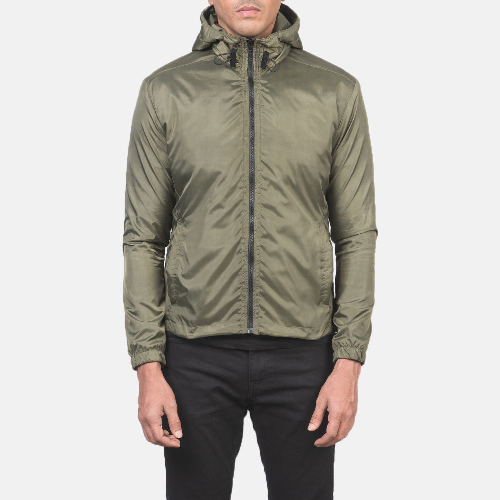 Крупный план деталей of High Neck with Hood & Zipper with wind flap Hardware on Jimmy Green Hooded Windbreaker Jacket