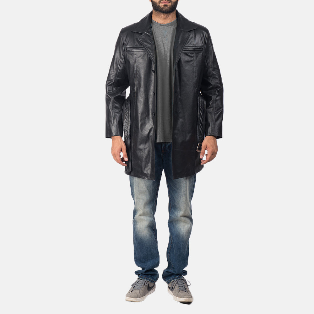 Men's Jordan Black Leather Coat - Lateral Side Profile View Showing Sleeve Cut &amp; Athletic Taper Fit
