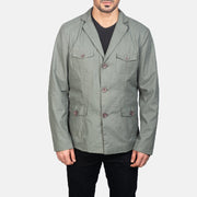 Close-Up Detail of Notch &amp; Button Hardware on Kajetan Grey Safari Jacket