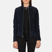 Women's Kelsee Navy Blue Suede Biker Jacket in Navy Blue Goatskin Suede - Front Profile View & Tailored Silhouette | Buy Online