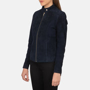 Navy Blue Goatskin Suede Biker Jacket - Back View Showing Tailored Shoulder Fit & Clean Hemline