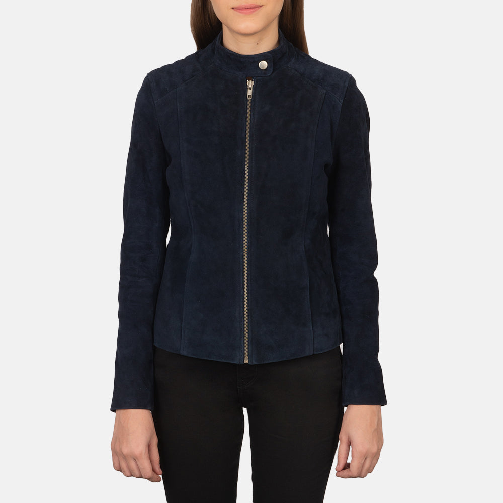 Close-Up Detail of Band with snap button & Zipper Hardware on Women's Kelsee Navy Blue Suede Biker Jacket