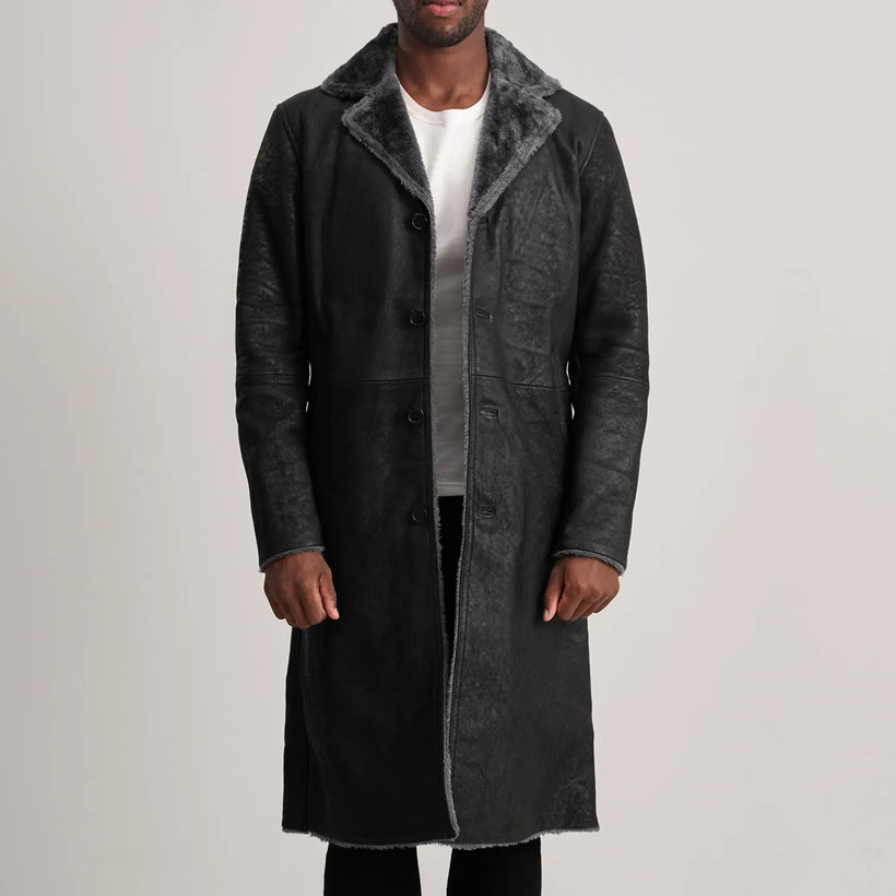 Kolby Distressed Черный Leather Shearling Кожаное пальто для Мужчин