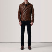 
Distressed Brown Sheepskin Burnished Biker Jacket - Вид сзади, подчеркивающий посадку по плечам и ровный край