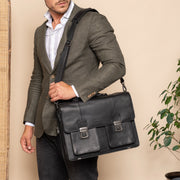 Classic 100% Full-Grain leather Briefcase - Rear Perspective Showing Reinforced Leather Straps &amp; Stitching