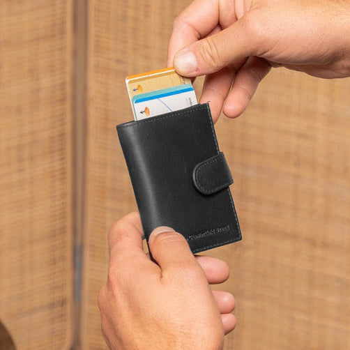 Classic 100% Full-Grain Leather Card Holder - Rear Perspective Showing Reinforced Leather Straps & Stitching