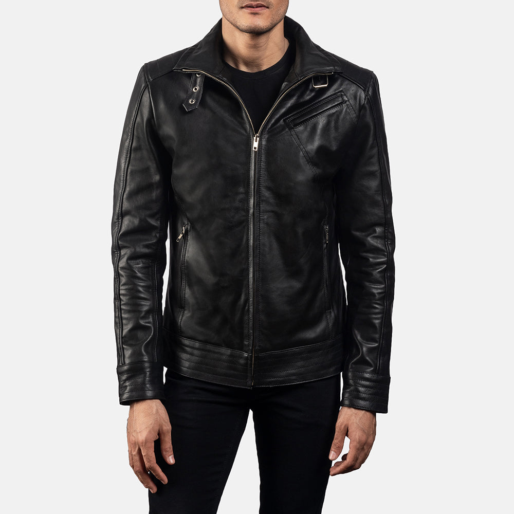 Close-Up Detail of High neck with Belt & Zipper Hardware on Men's Legacy Black Leather Biker Jacket