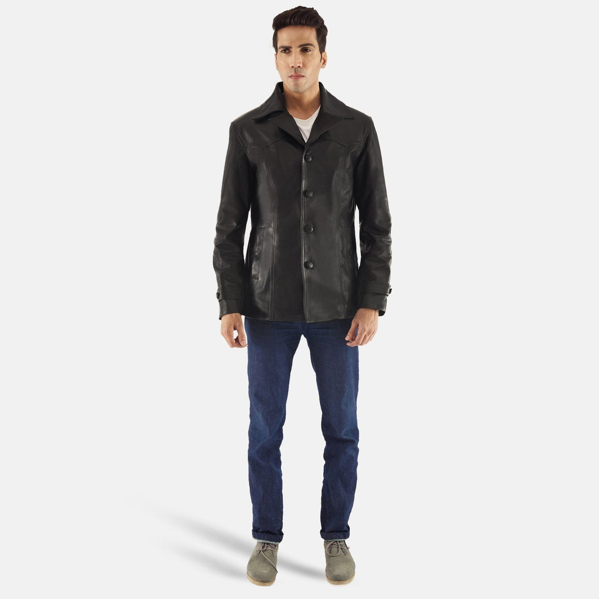 Leo Black Leather Coat - Lateral Side Profile View Showing Sleeve Cut &amp; Athletic Taper Fit