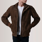 Tailored Rib Cuffs &amp; Hem Craftsmanship Construction Detail on Lester Brown Suede Bomber Jacket For Men