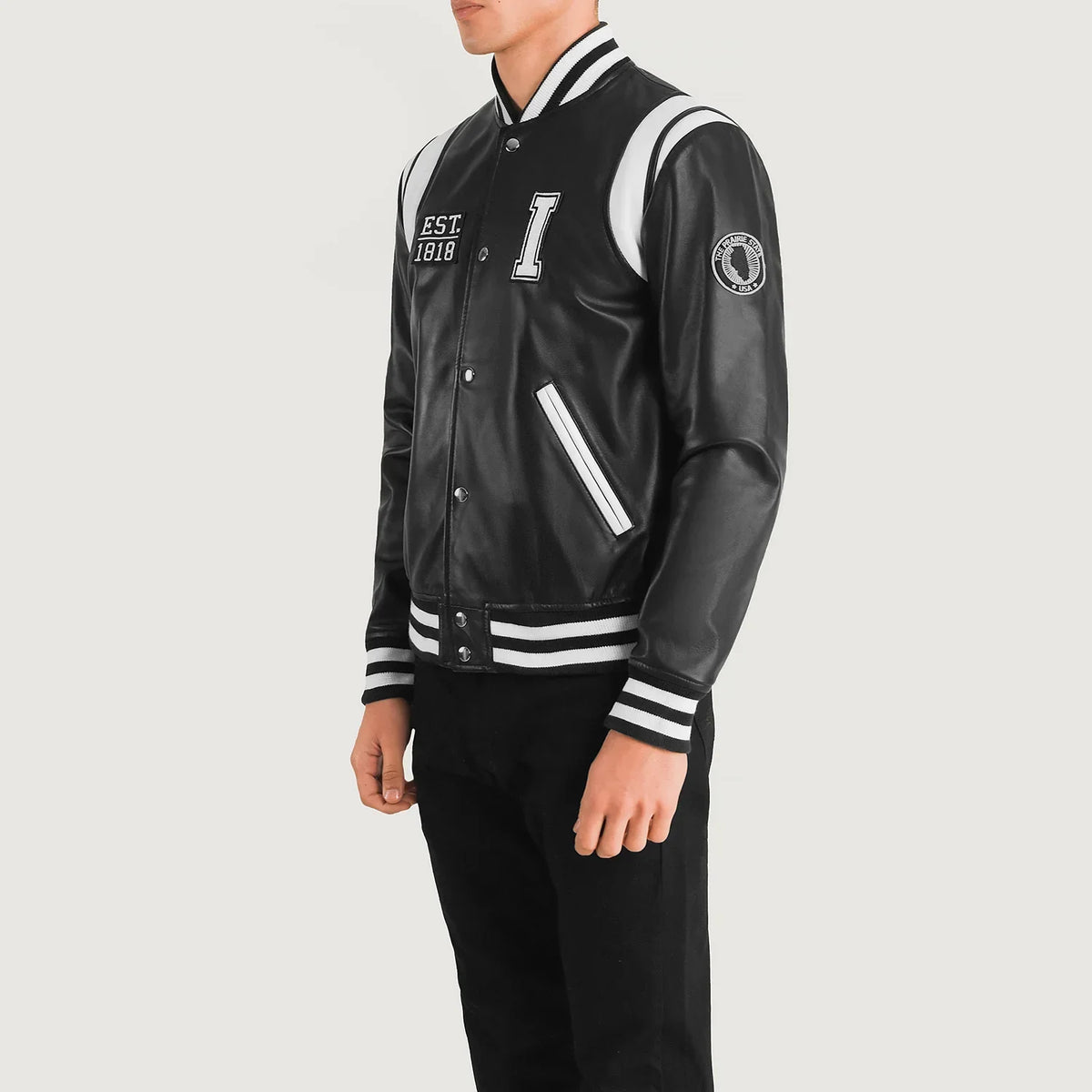 
Black & White Sheepskin Leather Varsity Jacket - Вид сзади, подчеркивающий посадку по плечам и ровный край