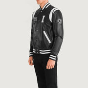 
Black & White Sheepskin Leather Varsity Jacket - Вид сзади, подчеркивающий посадку по плечам и ровный край