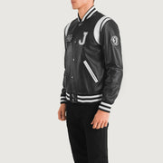 
Black & White Sheepskin Leather Varsity Jacket - Вид сзади, подчеркивающий посадку по плечам и ровный край