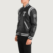 
Black & White Sheepskin Leather Varsity Jacket - Вид сзади, подчеркивающий посадку по плечам и ровный край
