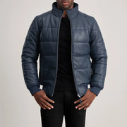 Tailored Rib Cuffs &amp; Hem Craftsmanship Construction Detail on Lucas Blue Leather Puffer Bomber Jacket