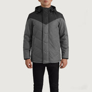 
Крупный план деталей of Classic Collar & Zipper With Velcro Placket Hardware on Luka Черный & Grey Hooded Puffer Кожаная куртка для Мужчин
