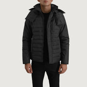 
Malcolm Черный Hooded Puffer Кожаная куртка для Мужчин в натуральной черной яловой коже - Вид спереди и приталенный силуэт | Купить в официальном онлайн-магазине