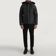 
Malcolm Черный Hooded Puffer Кожаная куртка для Мужчин - Вид сбоку, демонстрирующий эргономичный крой рукава