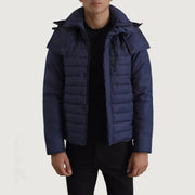 
Malcolm Синий Hooded Puffer Кожаная куртка для Мужчин in Blue Full-Grain Leather - Вид спереди и приталенный силуэт | Купить в официальном онлайн-магазине