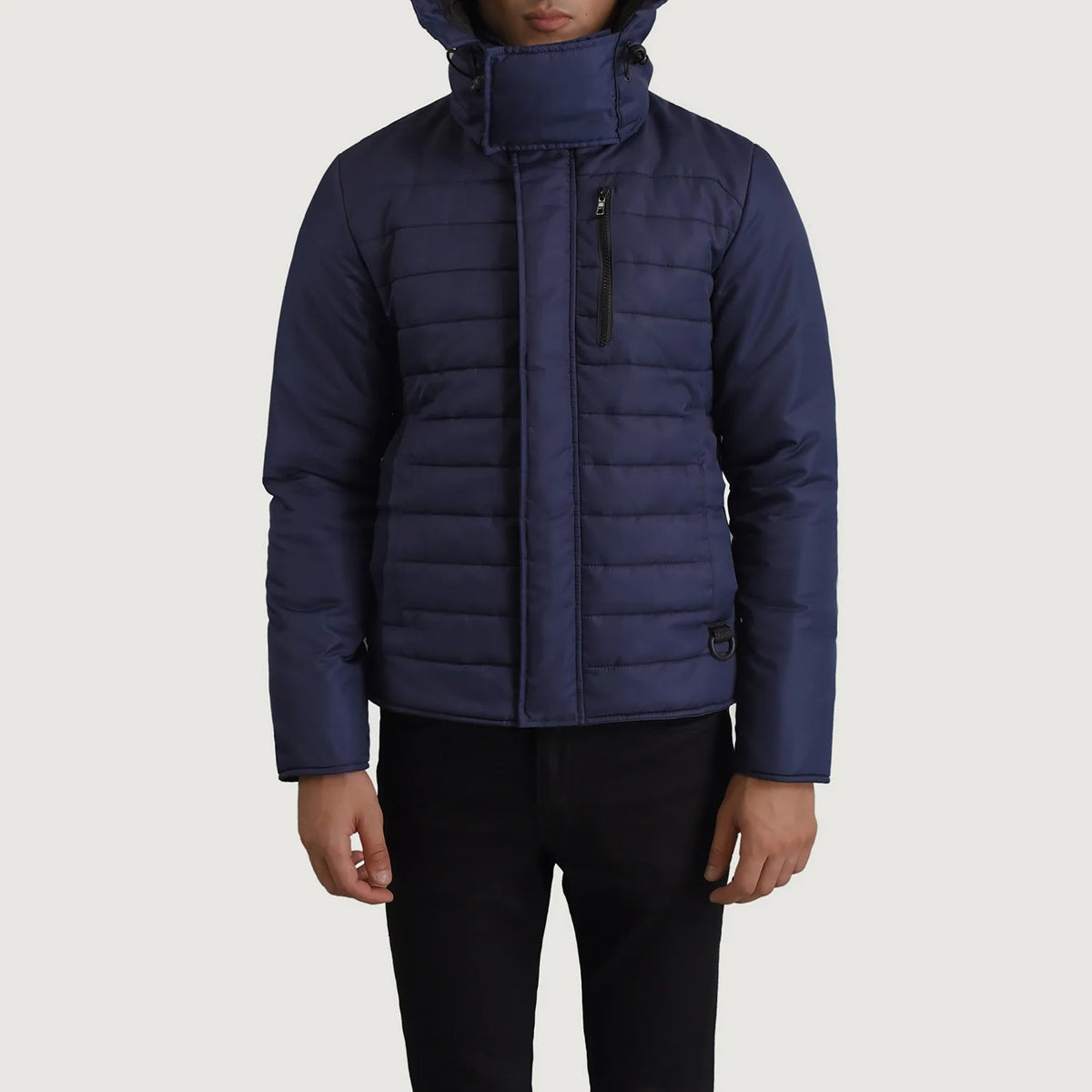 
Крупный план деталей of Classic Collar & Zipper With Placket Hardware on Malcolm Синий Hooded Puffer Кожаная куртка для Мужчин