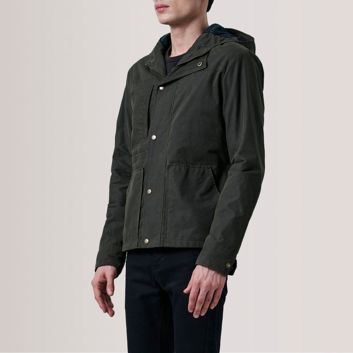 Marlo Olive Canvas Hooded Work Jacket For Men - Lateral Side Profile View Showing Sleeve Cut &amp; Athletic Taper Fit