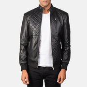Moda Black Leather Bomber Jacket in Black Sheepskin Leather - Front Profile View &amp; Tailored Silhouette | Buy Online
