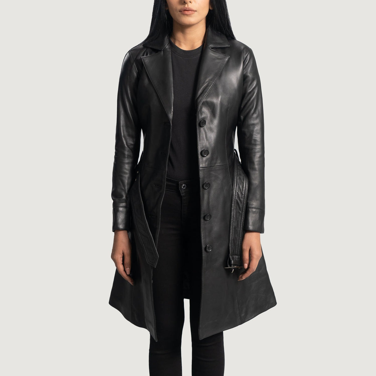 Women's Moonlight Black Leather Trench Coat in Black Sheepskin Leather - Front Profile View &amp; Tailored Silhouette | Buy Online