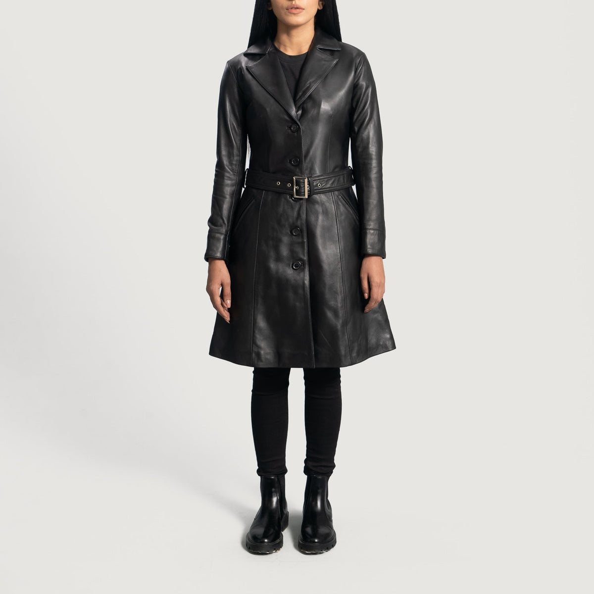Women's Moonlight Black Leather Trench Coat - Lateral Side Profile View Showing Sleeve Cut &amp; Athletic Taper Fit