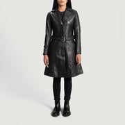 Women's Moonlight Black Leather Trench Coat - Lateral Side Profile View Showing Sleeve Cut &amp; Athletic Taper Fit