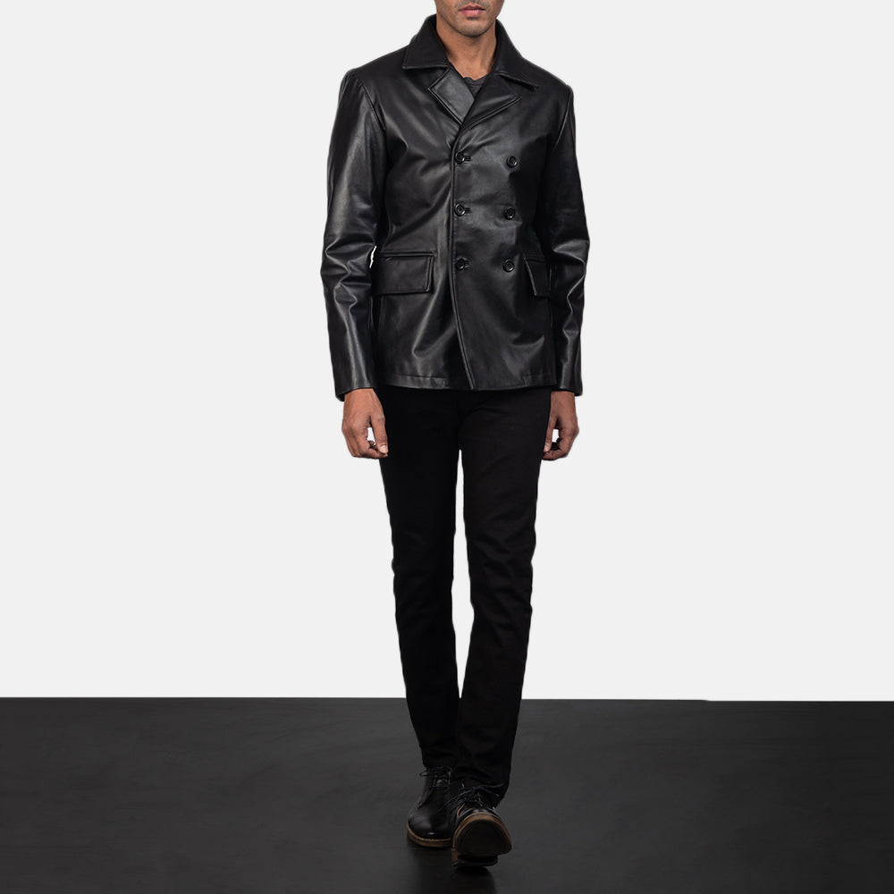 
Mr. Bailey Черный Leather Naval Peacoat для Мужчин - Вид сбоку, демонстрирующий эргономичный крой рукава