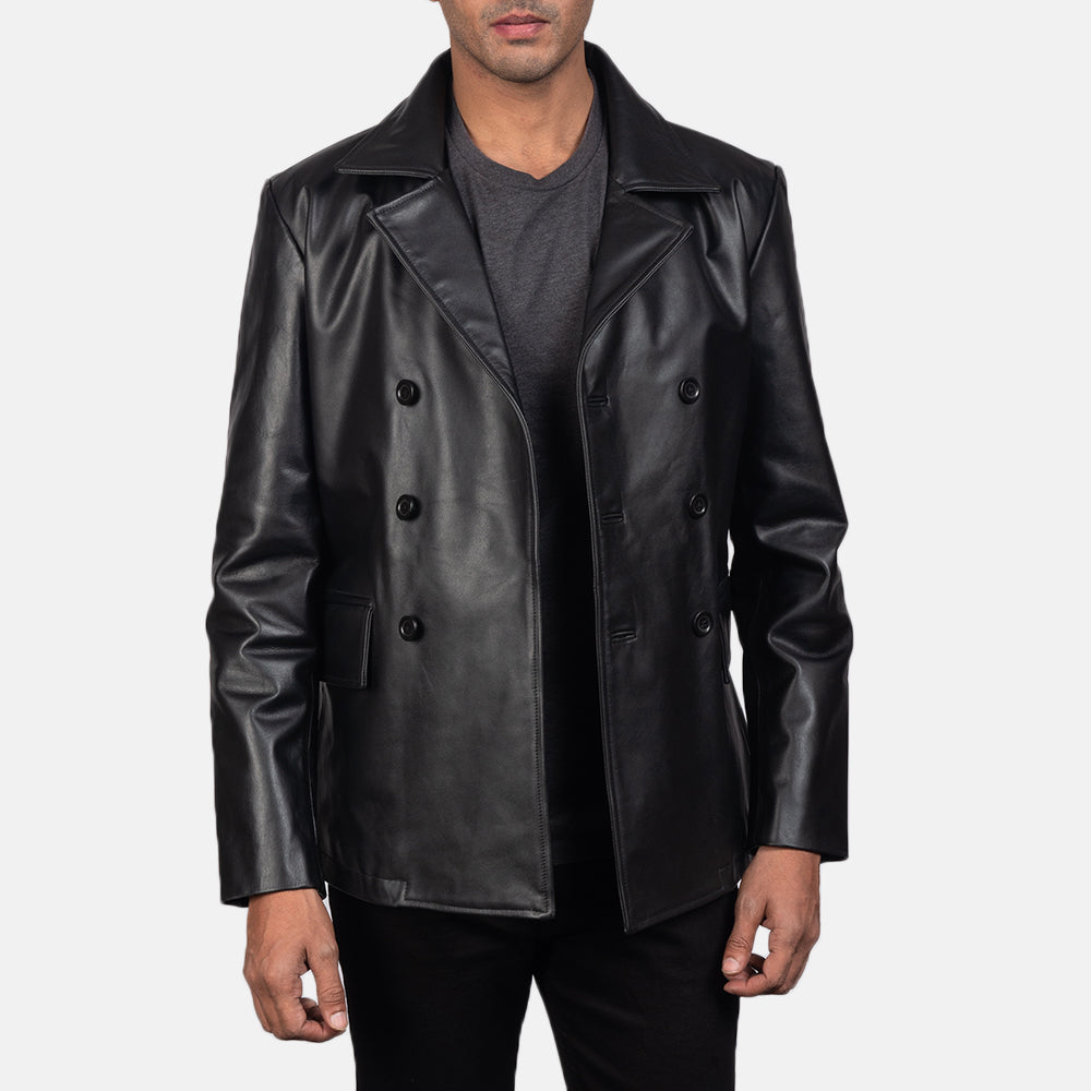 
Крупный план деталей of Notch & Buttons Hardware on Mr. Bailey Черный Leather Naval Peacoat для Мужчин