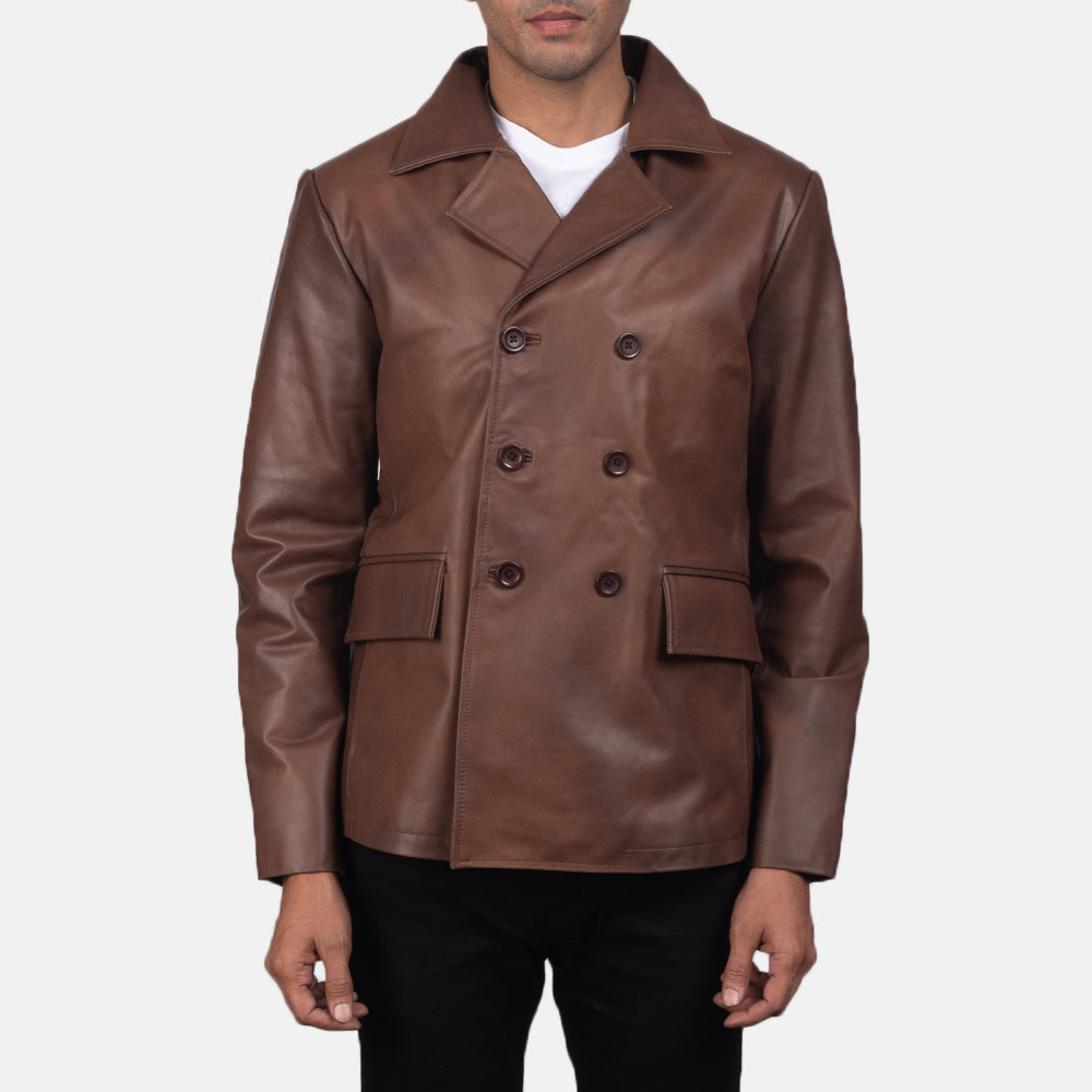
Mr. Bailey Коричневый Leather Naval Peacoat для Мужчин in Brown Cowhide Leather - Вид спереди и приталенный силуэт | Купить в официальном онлайн-магазине