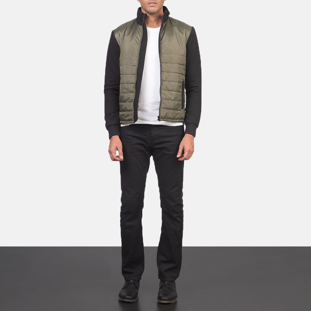 
Nashville Стеганый Оливковый Windbreaker Кожаная куртка для Мужчин - Вид сбоку, демонстрирующий эргономичный крой рукава