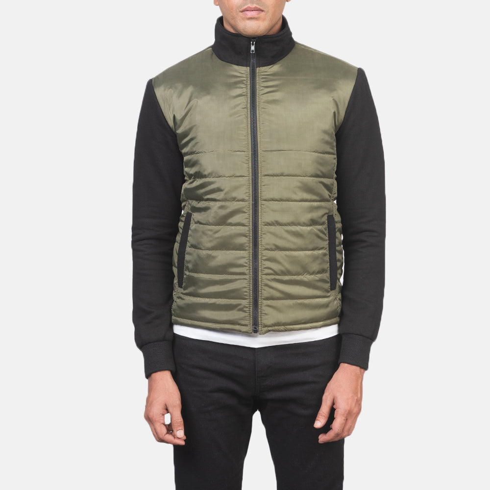 
Крупный план деталей of High Neck & Zipper with wind flap Hardware on Nashville Стеганый Оливковый Windbreaker Кожаная куртка для Мужчин