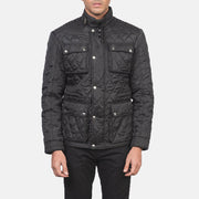 
Крупный план деталей of Belted Band & Zipper with Front Button Flap Hardware on Nelson Стеганый Черный Windbreaker Кожаная куртка для Мужчин