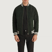 Pascal Green Suede Varsity Jacket in Green Goatskin Suede - Front Profile View &amp; Tailored Silhouette | Buy Online