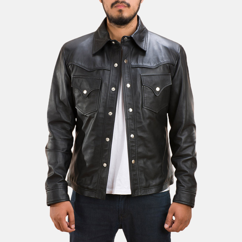 Men's Ranchson Black Leather Shirt in Black Sheepskin Leather - Front Profile View &amp; Tailored Silhouette | Buy Online
