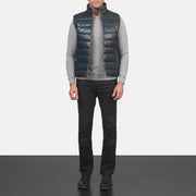 Men's Reeves Blue Leather Puffer Vest - Lateral Side Profile View Showing Sleeve Cut &amp; Athletic Taper Fit