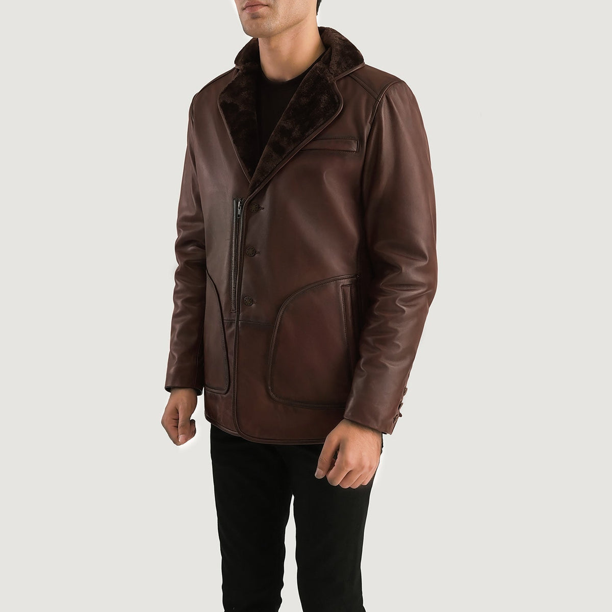 Distressed Brown Sheepskin Burnishing Aviator Jacket - Back View Showing Tailored Shoulder Fit &amp; Clean Hemline