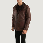 Distressed Brown Sheepskin Burnishing Aviator Jacket - Back View Showing Tailored Shoulder Fit &amp; Clean Hemline