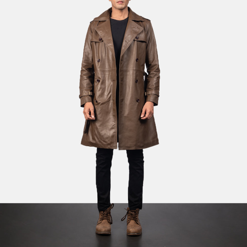 
Крупный план деталей of Shirt & Heavy-Duty Zipper Hardware on Royson Коричневый Leather Duster Кожаное пальто для Мужчин