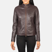 
Крупный план деталей of Mandarin & Zipper with Dual Puller Hardware on Rumella Maroon Leather Biker Jacket