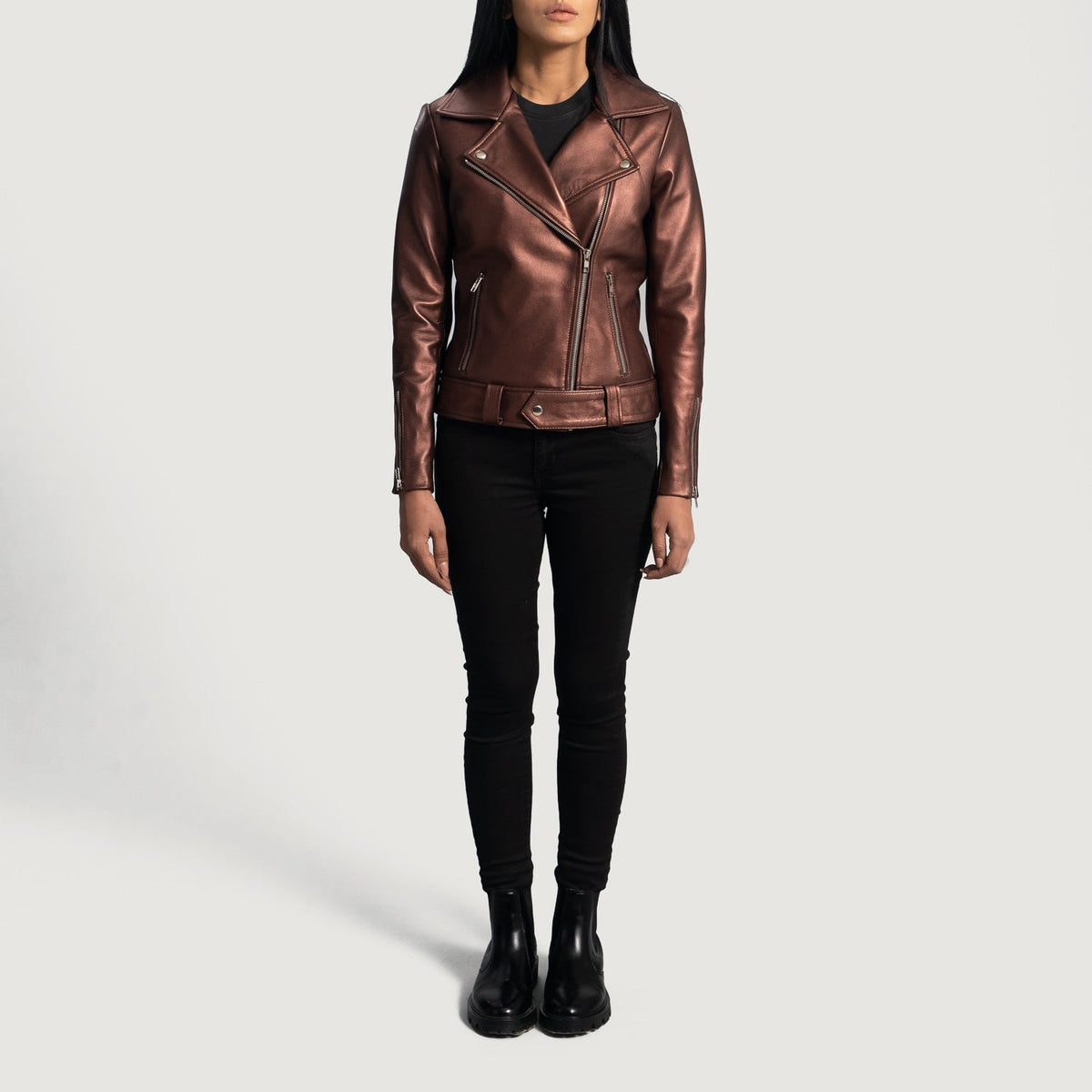 Close-Up Detail of Notch &amp; Zipper Hardware on Women's Rumy Maroon Leather Biker Jacket