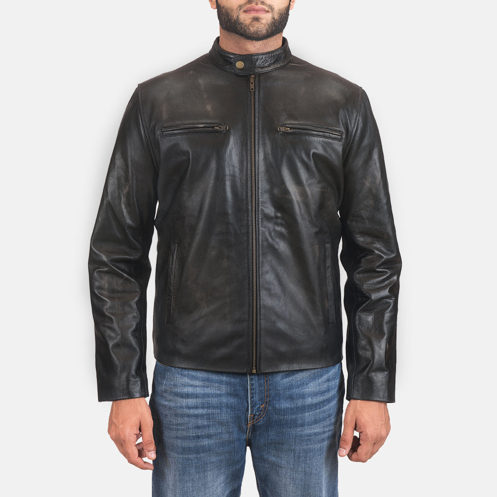 
Rustic Black Leather Biker Jacket in Distressed Black Cowhide Leather - Вид спереди и приталенный силуэт | Купить в официальном онлайн-магазине